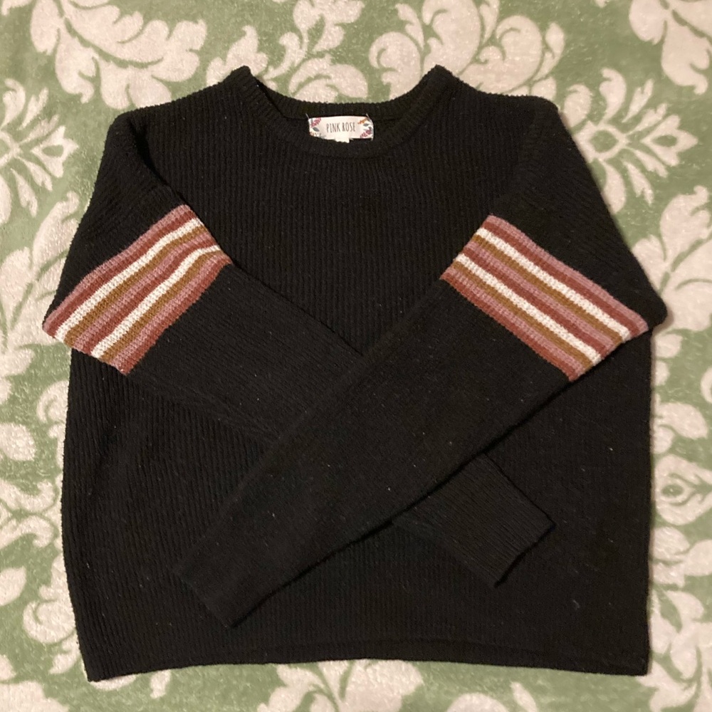 Pink Rose Black Crew Neck Sweater